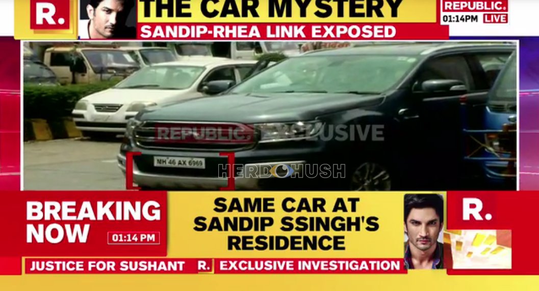 HerdHUSH's tweet photo. #SandeepSingh on @republic said he does not know Rhea!!

#RheaChakraborty's SUV was outside Sandeep Singh's House, the same SUV she uses to arrive for summons by intelligence agencies.

IS THERE NO CONNECTION Between Them?? 

#BoycottIndiaToday #ShameOnAajTak https://t.co/ypnQ4RVkgQ