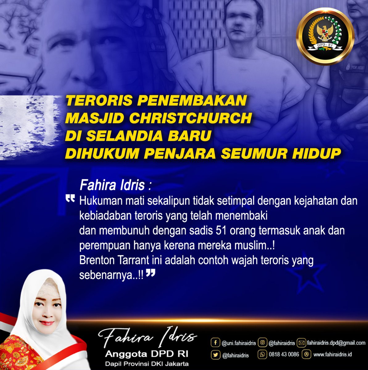 TERORIS PENEMBAKAN MASJID CHRISTCHURCH DI SELANDIA BARU DIHUKUM PENJARA SEUMUR HIDUP

Hukuman mati skalipun tdk setimpal dg kebiadaban teroris yg tlh membunuh dg sadis 51 org termasuk anak &amp; perempuan hanya krn mereka muslim.
Brenton Tarrant ini cth wajah teroris yg sebenarnya.