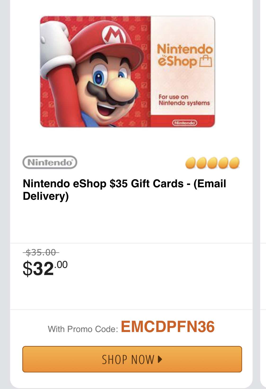  $35 Nintendo eShop Gift Card [Digital Code] : Everything Else
