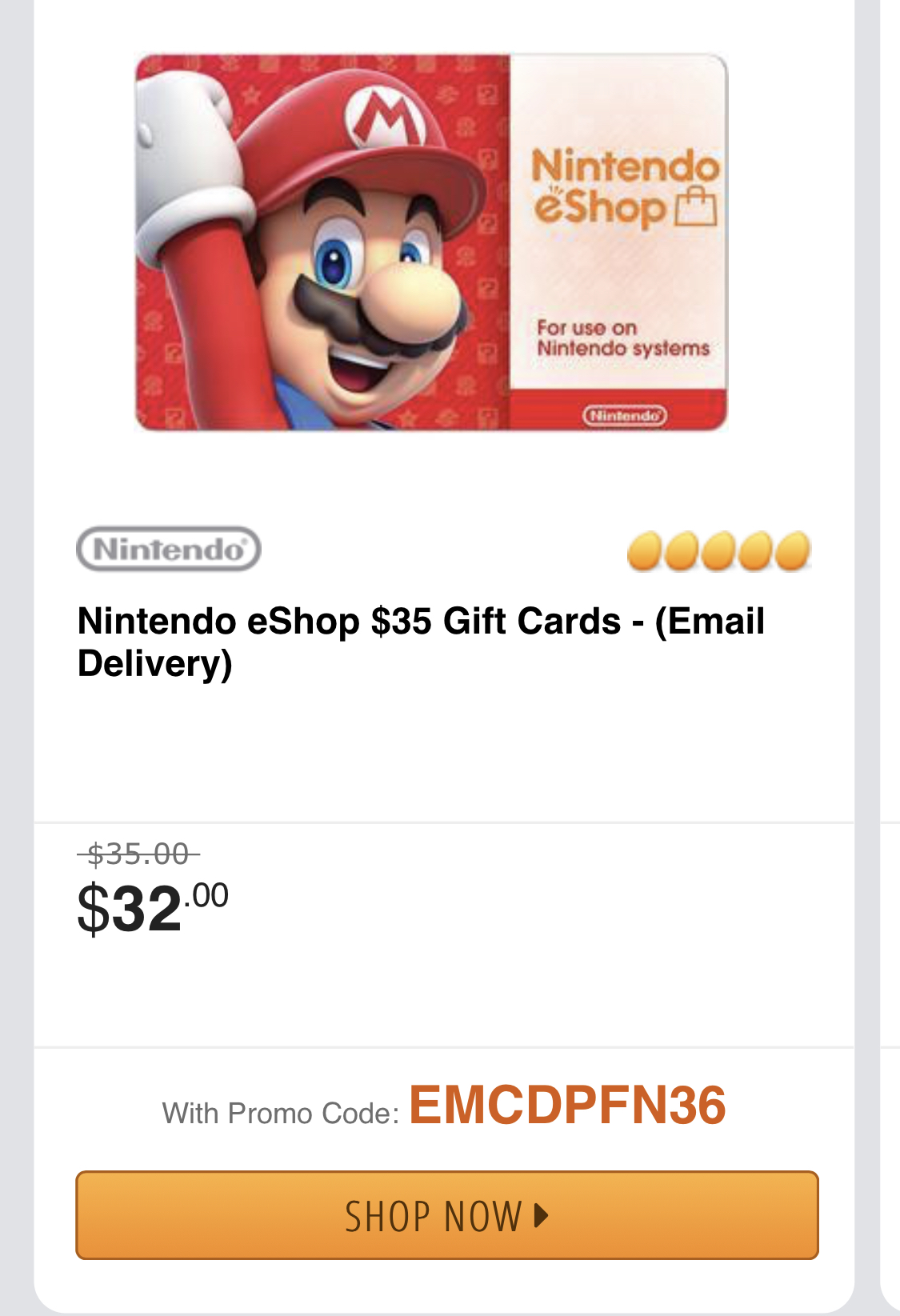 $35 Nintendo eShop Gift Card [Digital Code]