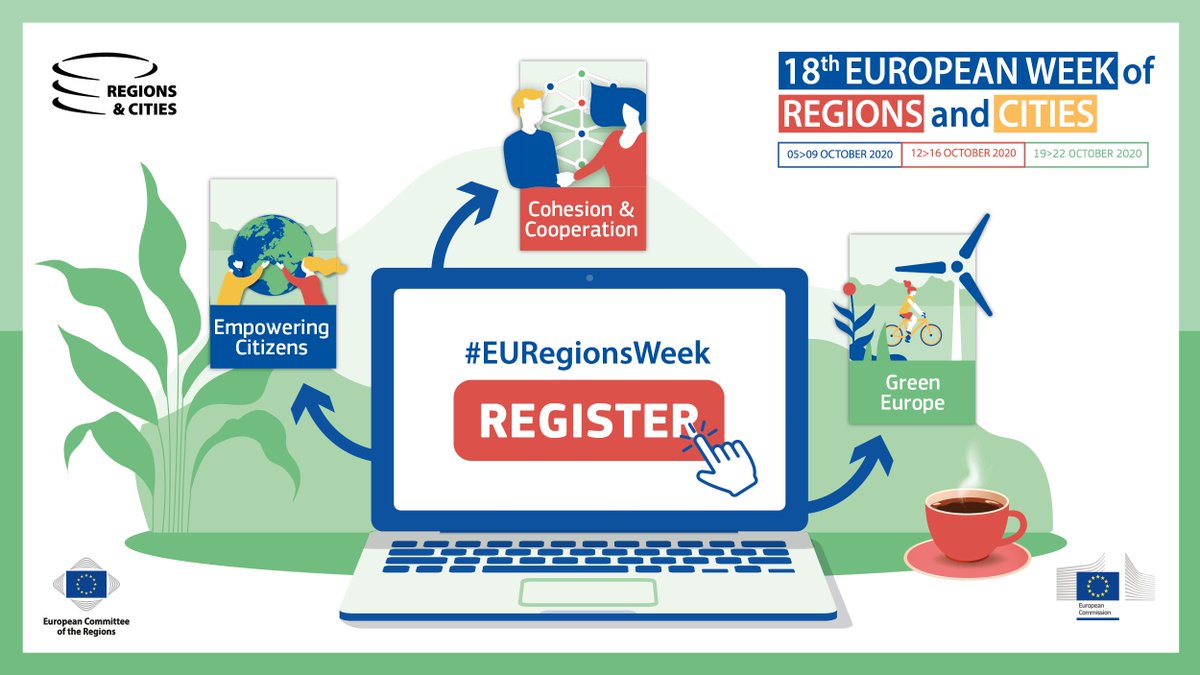 Join the first virtual edition of the #EURegionsWeek: 
🔴 registration is open! 

More than 500 sessions to attend, spread over three weeks, from 5 to 22 October on:

#EmpoweringCitizens
 
#CohesionAndCooperation

#GreenEurope

Register 🖱️: europa.eu/!gx66fh