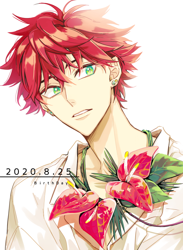 1boy male focus solo green eyes red hair jewelry flower  illustration images