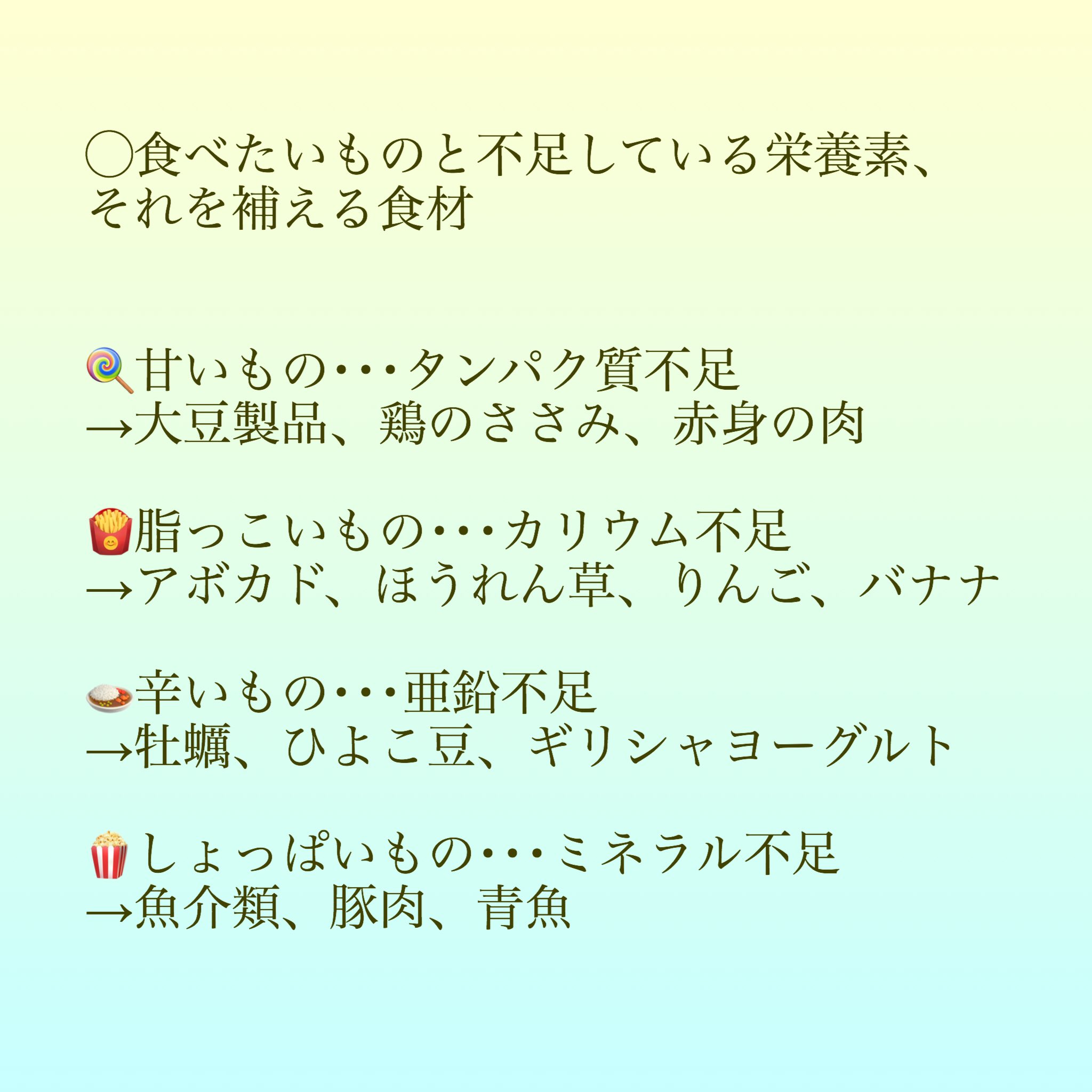 錦津かなみ 体質改善 無性に食べたい は栄養不足のサイン チョコレート 揚げ物 ポテトチップスなど 特定のものを 食べたいという欲求は 不足している栄養素があるよ という身体からのサインです 我慢したり暴食せず 自分の身体に必要な栄養素を 錦津かなみ 体質改善 無性に食べたい は栄養不足のサイン チョコレート 揚げ物 ポテトチップスなど 特定のものを 食べたいという欲求は 不足している栄養素があるよ という身体からのサインです 我慢したり暴食せず 自分の身体に必要な栄養素を