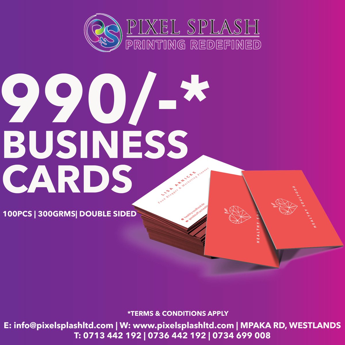 Pixelsplashltd's tweet photo. Your business card is designed to appeal to certain people you want to attract to your business. Get the best price for the best quality of business cards.
#businessidentity #nairobibusiness #businesscards #identity #branding https://t.co/kiYop6JEIS