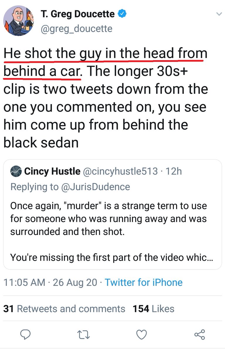 4/Here, we see two claims about the first shooting of that night:The first person claims the shooter hid behind a car and shot a man in the head in cold bloodThe second person claims the shooter was being attacked by another man when he shot in self defense