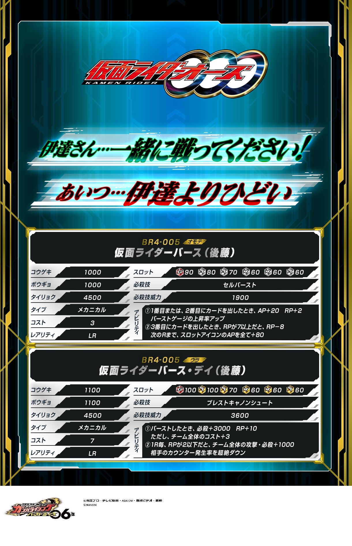 Dcd Ganbarizing 続いて6枚目は新規参戦 伊達さん 一緒に戦ってください お待たせしました メカニカルでついに実装 表 仮面ライダーバース 後藤 裏 仮面ライダーバース デイ 後藤 ガンバライジング 仮面ライダーオーズ 仮面