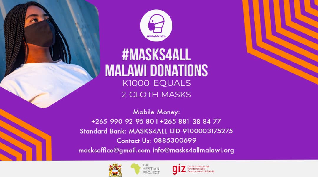 MASK DRIVE 😷

Account Name: MASKS4ALL LTD
Account Numbers;
MWK: 9100003175275
Branch Name: Capital City

Airtel Money: +265 990 92 95 80
Mpamba: +265 881 38 84 77

#Masks4AllMalawi #SpeakOut #WearAMask #MaskUp
