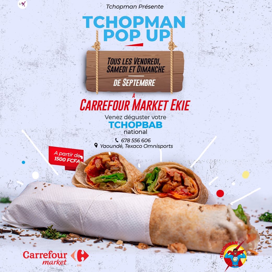 Le Tchopbab national vient  à vous !

Tous les vendredi, samedi et dimanche de septembre, TchopMan vient à vous habitants des quartiers Ekie, Odza, Ekoumdoum,  Ekounou et alentours

Infoline : 678556606

#TchopmanPopUp #TchopbabNational
#Dishco
#DigitalShareContents