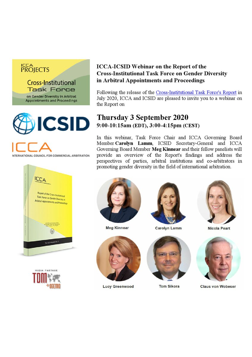 📣@ICCAArbitration @ICSID Webinar on the Report of the Cross-Institutional Task Force on Gender #Diversity in Arbitral Appointments and Proceedings
Online. 9:00 - 10:15 am (EDT), 3:00 - 4:15 pm (CEST)
https://t.co/ri8b2MijOA
@WhiteCase @exxonmobil @VWySOficial @Intarblawyer https://t.co/EylHN78Gyy