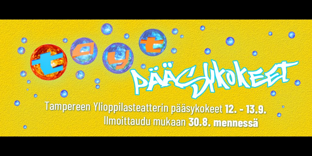 Kiinnostaako sinua mikä tahansa teatterin osa-alue? 🎭  Etsimme uusia tekijöitä TaYT:lle! Pääsykokeet pidetään parin viikon päästä, mutta ilmoittautuminen päättyy jo tänä sunnuntaina. Lue lisää ➡️ tayt.fi