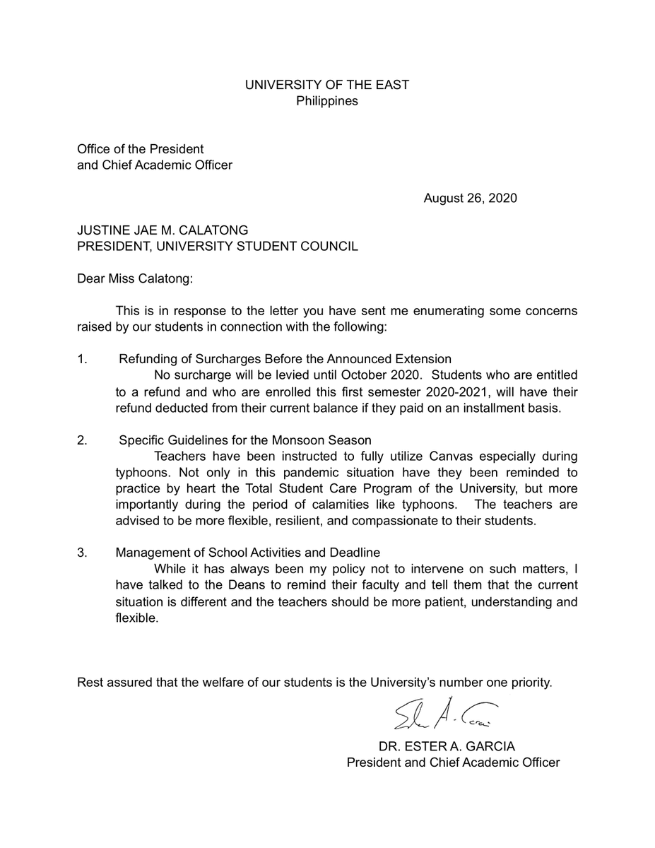 RWconnects's tweet photo. NEWS ALERT: University of East (UE) President and Chief Academic Officer Ester Garcia has responded to the student councils’ letter reflecting the students’ concerns on online classes, assuring that the welfare of the students is the University’s “number one priority.” https://t.co/jktWxhE3x0