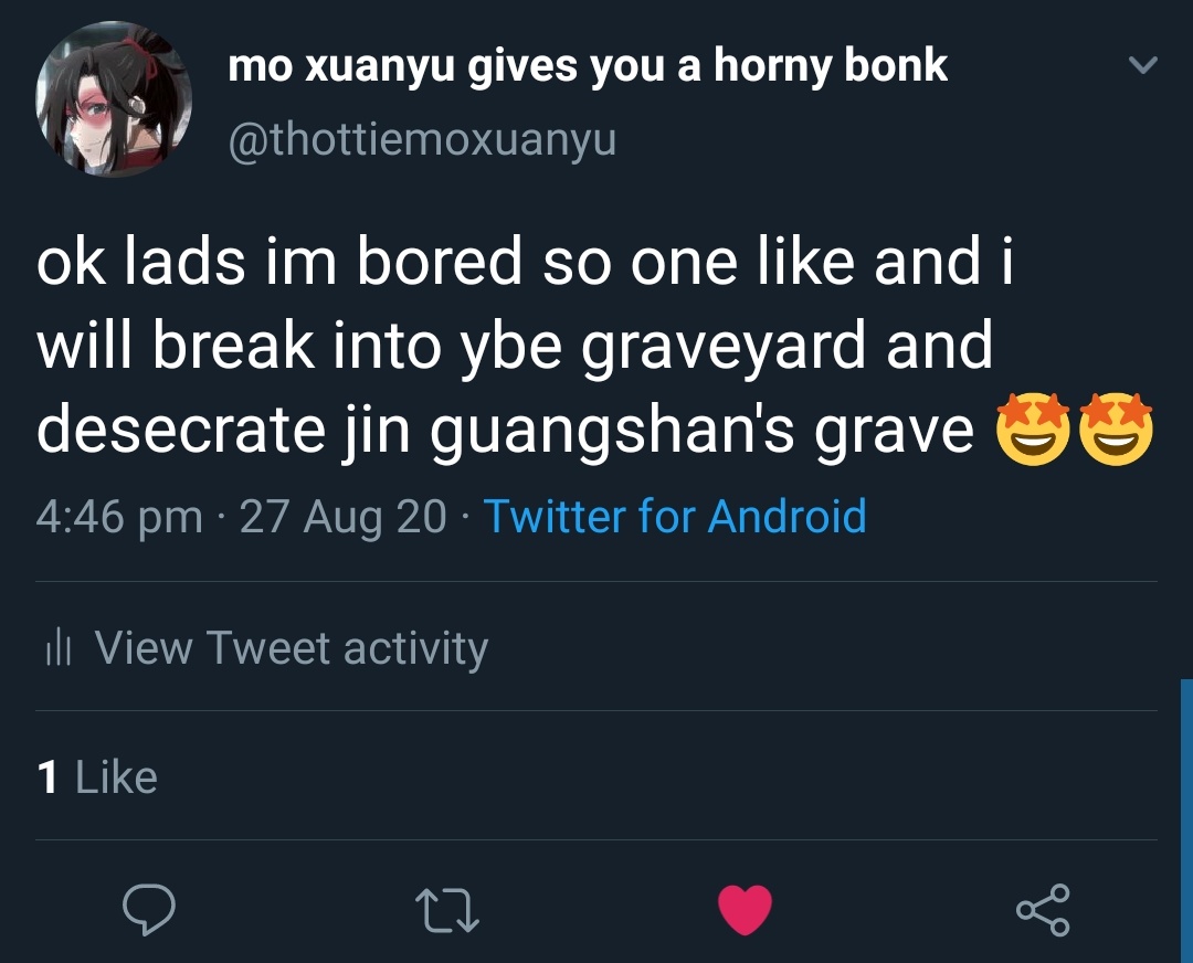 say no more  desecrating jin guangshan's grave, a thread:  https://twitter.com/thottiemoxuanyu/status/1298904722477203456