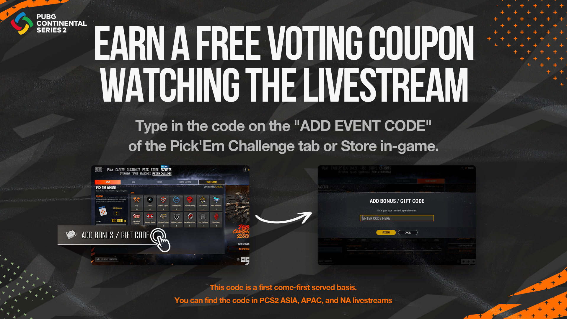 Pubg Esports On Twitter Pcs2 Asia Begins In One Hour Make Sure You Re Watching The Live Stream To Grab Your Unique Code For A Free Pick Em Challenge Voting Coupon Pubgesports Https T Co 86drjugymo