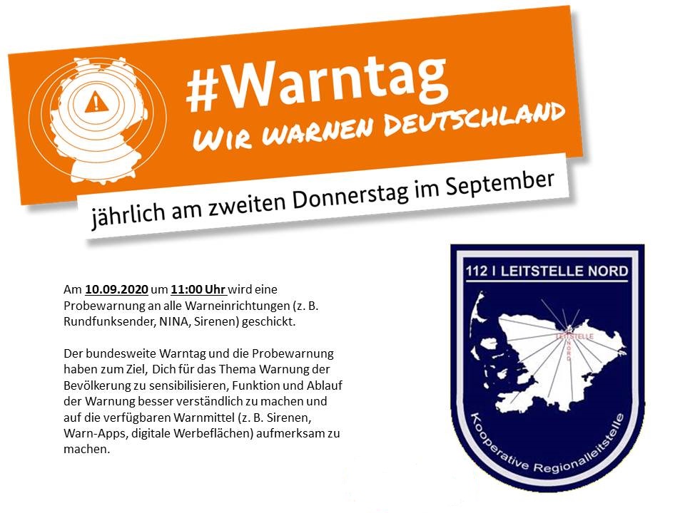 Der bundesweite Warntag findet erstmals am 10. September 2020 statt und wird ab dann jährlich an jedem zweiten Donnerstag im September durchgeführt.

Weitere Informationen unter: warnung-der-bevoelkerung.de

(BrJ)