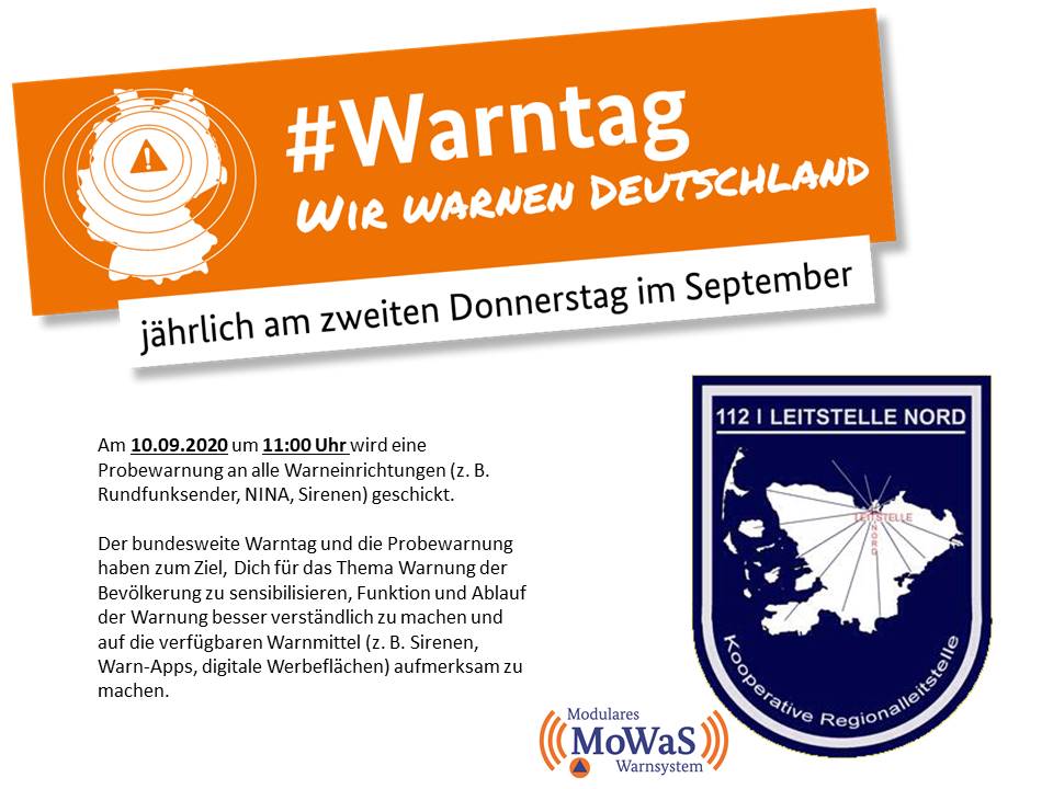 Der bundesweite Warntag findet erstmals am 10. September 2020 statt und wird ab dann jährlich an jedem zweiten Donnerstag im September durchgeführt. 

Weitere Informationen unter: warnung-der-bevoelkerung.de

(BrJ)