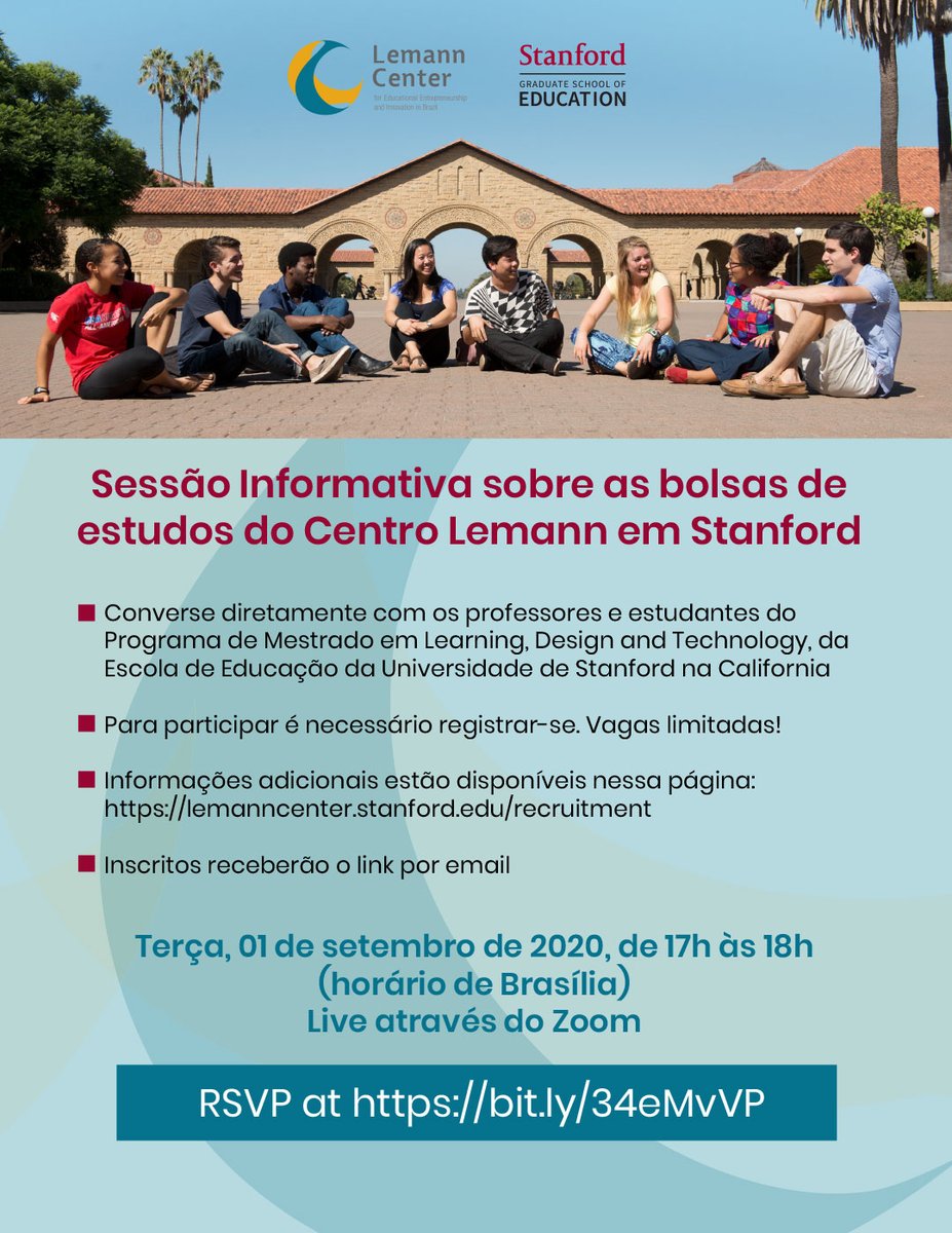 Não perca a nossa Sessão Informativa sobre as bolsas de estudos com foco no programa de LDT ( Learning, Technology and Design) do Centro Lemann em Stanford: bit.ly/34eMvVP no campo "Registration".