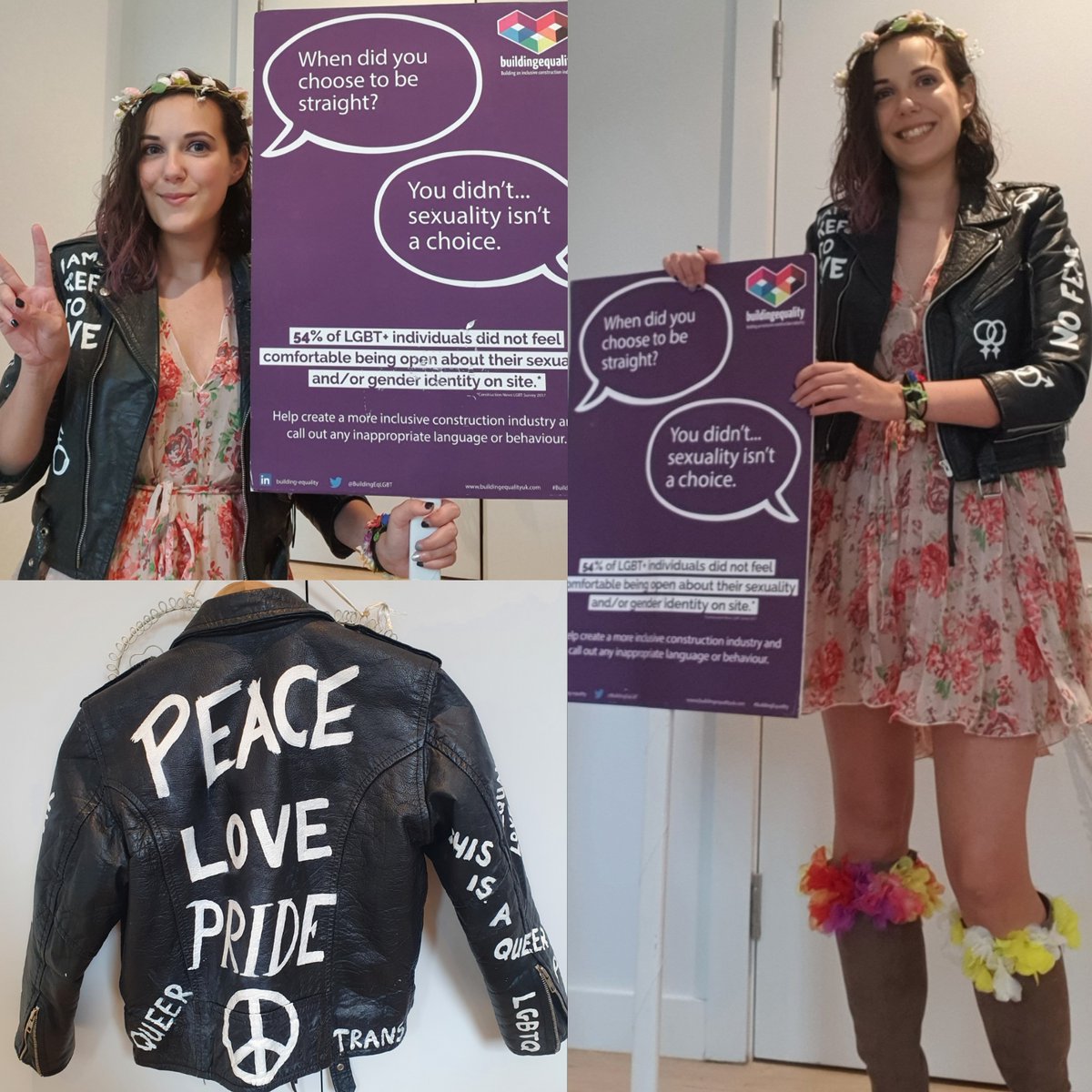 LucyBradbury8's tweet photo. We might not be marching in the #ManchesterPride parade this year but that doesn't mean we're any less #proud and #visible! Here's my outfit for the @BuildingEqLGBT #ALTMCRPride #BuildingEqualityPride photo competition 🥳 The jacket really sums up the #marchforpeace theme! 🏳️‍🌈🏳️‍⚧️⚧️ https://t.co/FRiYILS5Mb