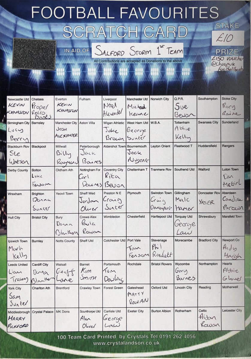 **SCRATCHCARD UPDATE**
Great start just under 50 gone in a week. We’d appreciate anyone helping us out and having a go. Prizes can be either CASH OR boot voucher <a href="/cheapUKfootball/">CheapUkFootballBoots</a> for players. DM or contact players or manager. 

1st Prize - £150
2nd Prize - £100
3rd Prize - £50