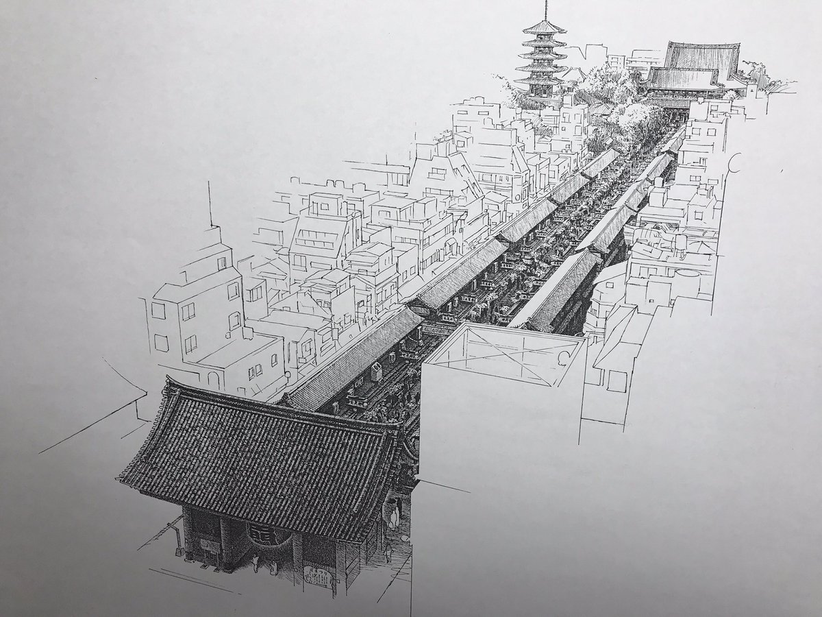 「浅草を描いたペン画。
水性ペン(PILOT  HI-TEC) 」|仲村滋のイラスト