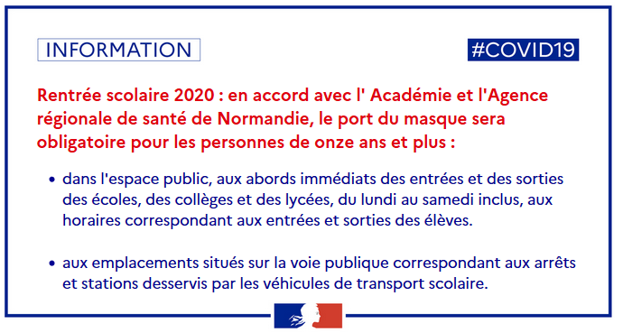 Prefet76's tweet photo. #COVID19 | Rentrée scolaire #SeineMaritime 

Pour freiner la circulation du virus, @Prefet76 rend obligatoire le port du masque aux abords immédiats des écoles, des collèges et des lycées ainsi qu'aux arrêts de
bus scolaire.

Plus d'informations 👉https://t.co/LPcecOq2zp https://t.co/jOdSuqapp6