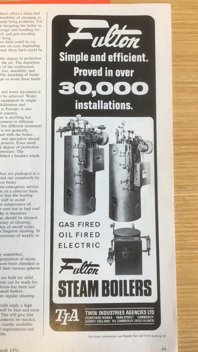 FultonUK's tweet photo. For #ThrowbackThursday we're going back  44 years to an advertisement for Fulton's range of electric, gas &amp; oil-fired steam boilers from the Package Boilers '76 supplement of Heating &amp; Air Conditioning Journal's March 1976 issue. 

#Fulton #Steam #Boilers #StillGoingStrong https://t.co/CE2bjv9K1P