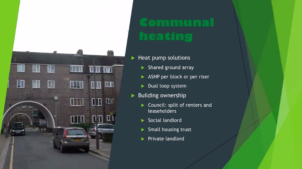 Also plenty of opportunities to be seized in  #CommunalHeating in blocks of flats. 40% of housing in  #Wandsworth is flats, so we have a lot to play with. We are currently working with  @wandbc to find a trial building.