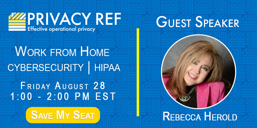 PrivacyRef's tweet photo. Last chance to sign up for our free #Webinar. Join #PrivacyExperts Bob Siegel, Ben Siegel and guest speaker Rebecca Herold tomorrow at 1:00pm EST as they talk about #PrivacyChallenges. #Cybersecurity #Privacy #HIPAA https://t.co/WnfR6eYEQF https://t.co/VoAIWS0Osf
