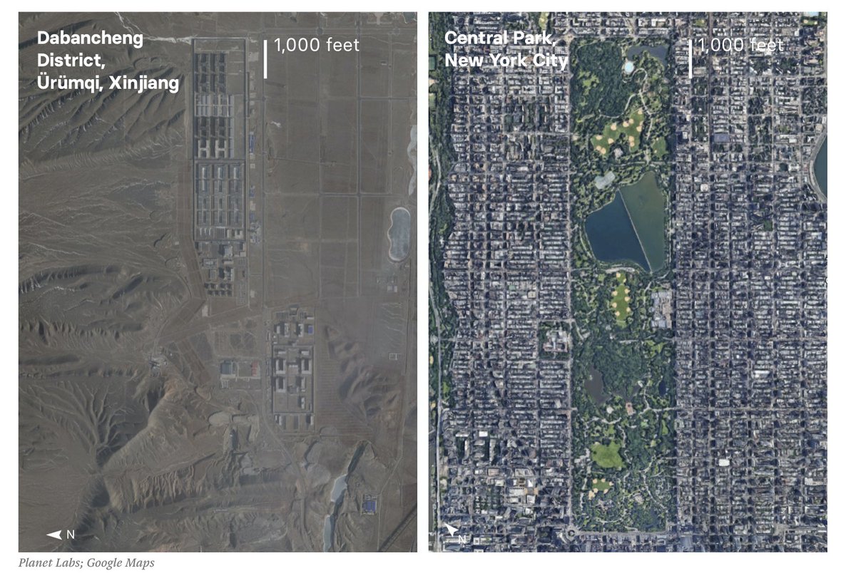 BuzzFeed's team has been using this to track down internment camps in Xinjiang. It's a wonderful, and terrifying, example of OSINT journalism. Here's one they found, for instance, with New York's Central Park to scale.