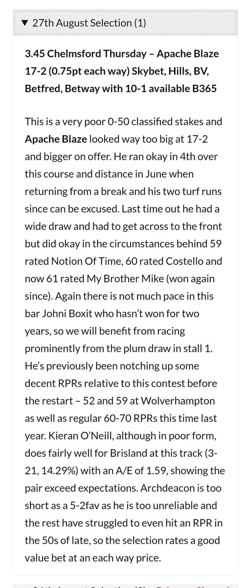 racingjackk's tweet image. Very unlucky with our first selection Apache Blaze, advised at 17-2 and 10-1 was available, done in a photo finish by the closest of margins at 4-1 SP

We will have to settle for each way returns

More to come later
