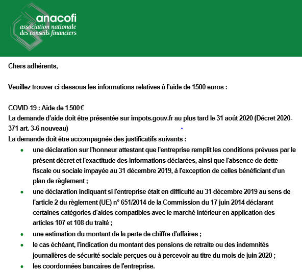 AssNaCoFin: 🚨 Pour rappel : la demande d'aide de 1500 euros doit être présentée sur impots.gouv.fr au plus tard le 31 août 2020 (Décret 2020-371 art. 3-6 nouveau) #COVIDー19  #Anacofi
