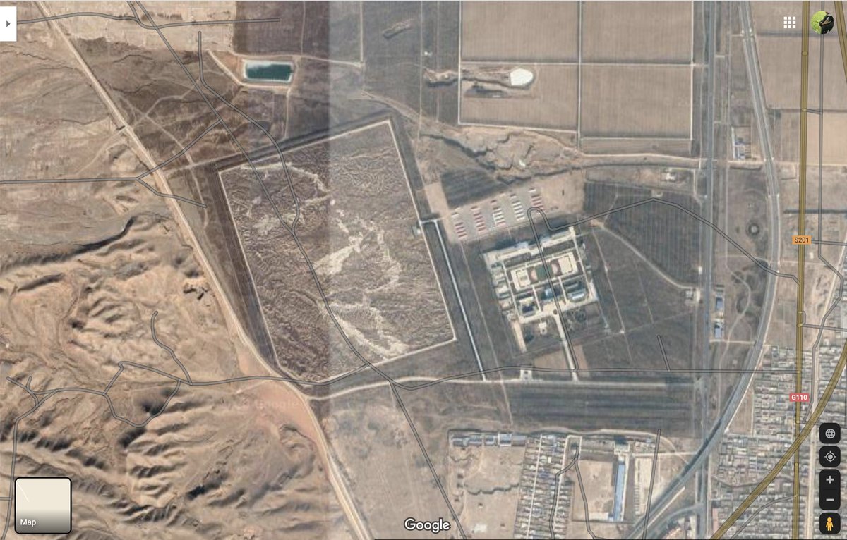 Flick over to Google Maps and we can see the full area. To the right of the picture is a military base, with some sort of vehicle sheds above it. Hardly the most sensitive information. But… what's that to the left?