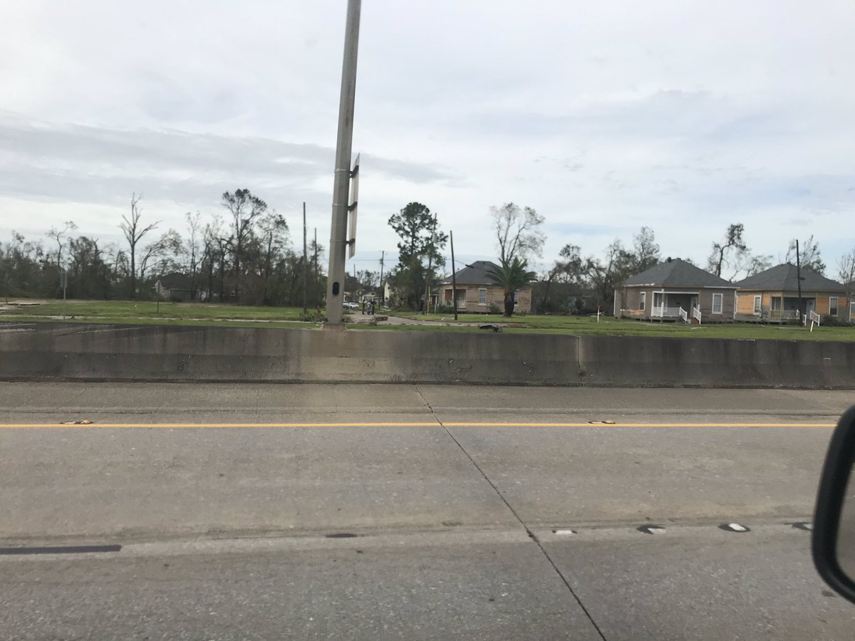 Driving into Lake Charles now. Massive wind damage all around the area driving into town: Mobiles homes shredded, roofs ripped off, trailers thrown around.