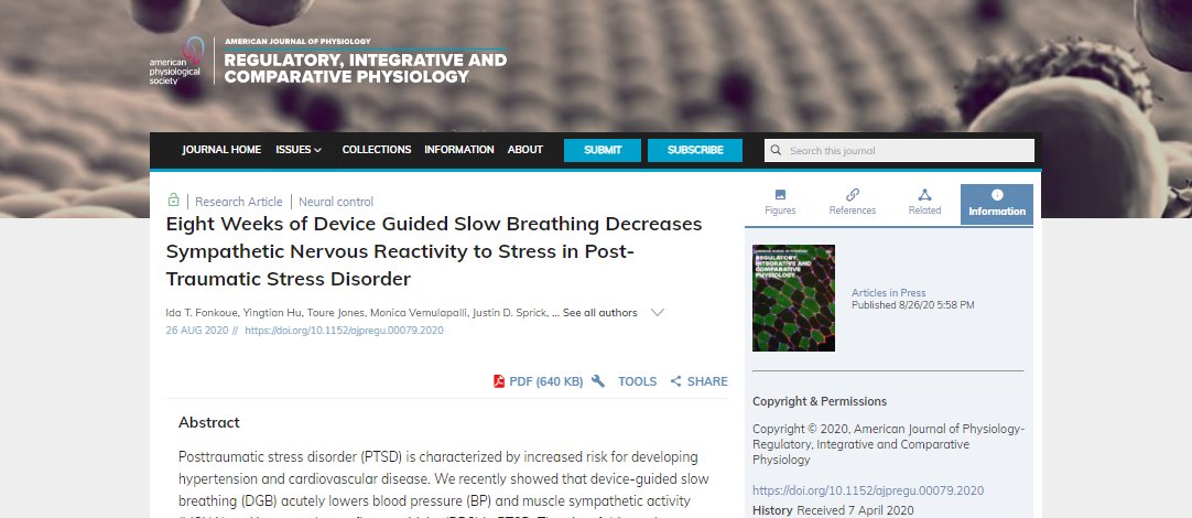 APSPublications's tweet image. Eight Weeks of Device Guided Slow Breathing Decreases Sympathetic Nervous Reactivity to Stress in Post-Traumatic Stress Disorder - new Research in @AJPRegu 

#ptsd #Neuralcontrol

journals.physiology.org/doi/10.1152/aj…