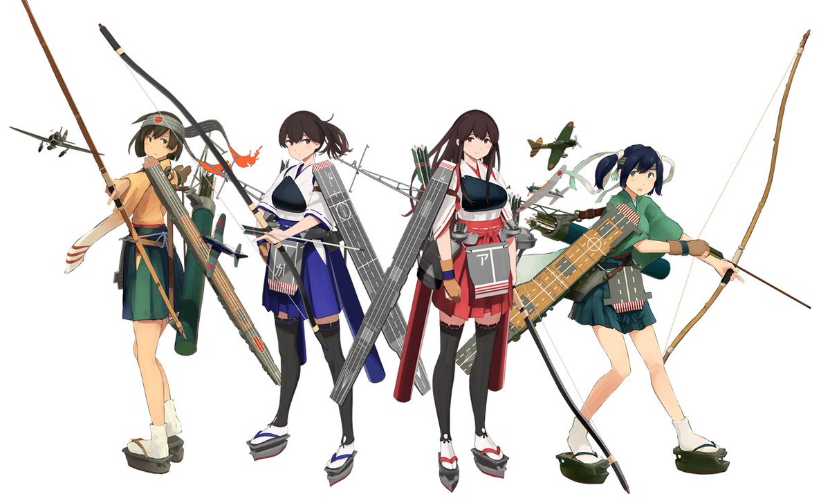 akagi (kancolle) ,hiryuu (kancolle) ,kaga (kancolle) ,souryuu (kancolle) 4girls multiple girls bow (weapon) weapon japanese clothes long hair brown hair  illustration images