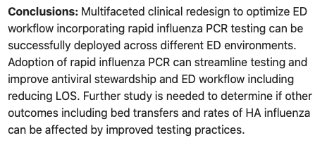 AliRaja_MD's tweet photo. Clinical impact of rapid #InfluenzaPCR in #AdultEmergencyDepartment on patient management, #EDLoS & #NosocomialInfectionRate
David R Peaper, MD, et al. @YaleMed
https://t.co/yFyrJKMpFP
#InfluenzaOtherRespirViruses
#EDworkflow #Flu https://t.co/px8N0H5I8S