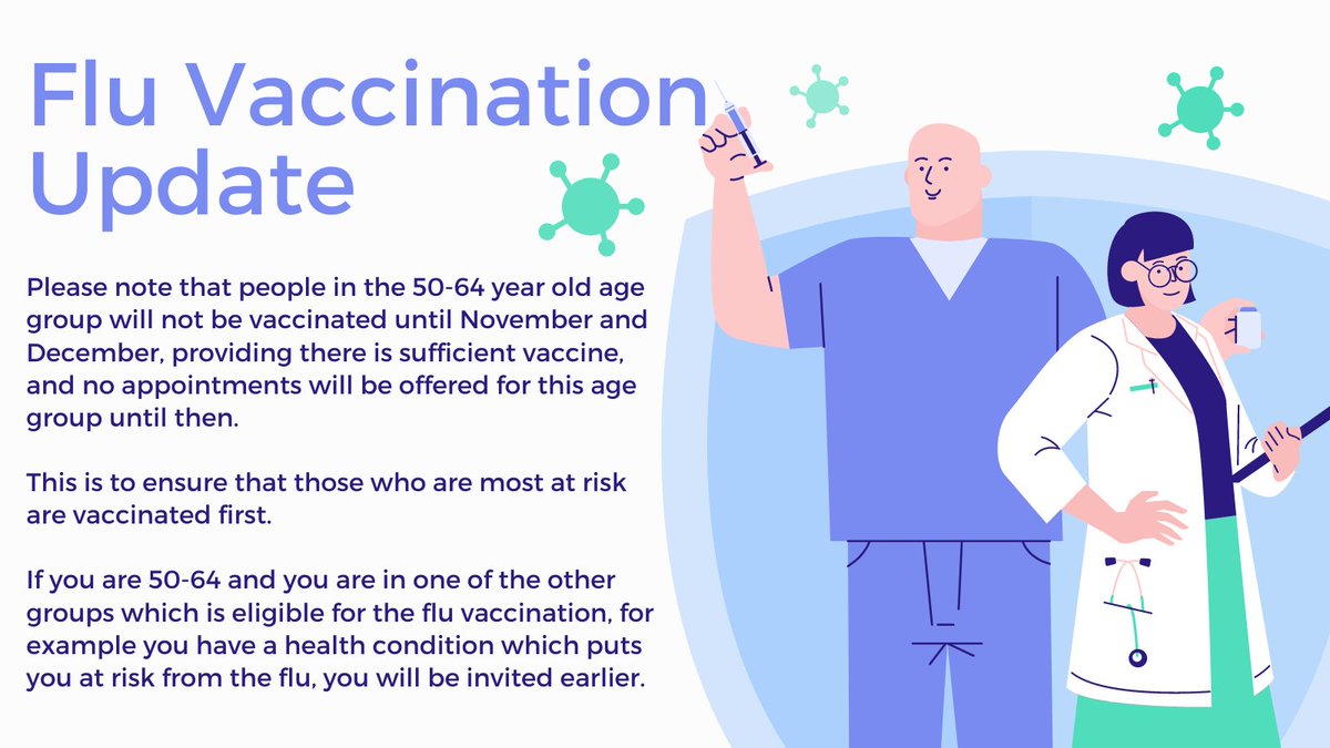 If you're aged 50-64 and are not at high risk for developing complications from the flu, please await guidance from the practice about #flu vaccinations this year.