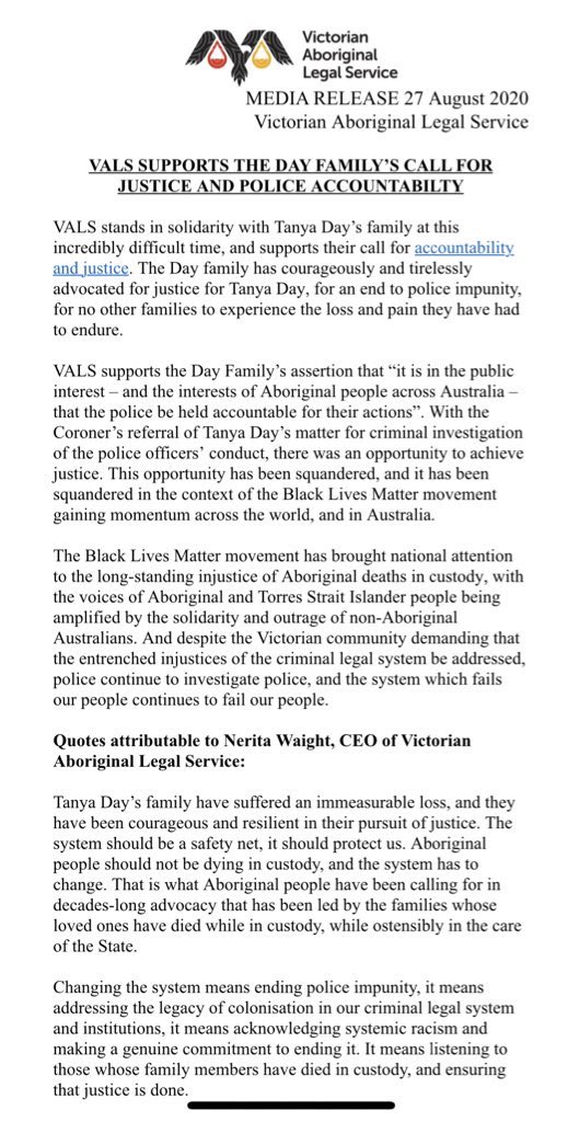 If the Victorian Government led by  @DanielAndrewsMP values black lives then they will heed the call of generations of our people and make the changes so desperately needed to ensure a just and equitable society for all not just some  #JusticeforTanyaDay