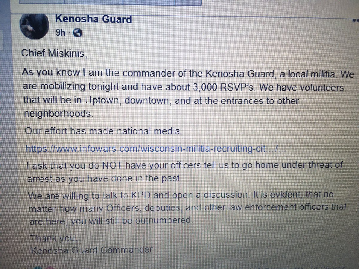Claiming 3000 members, the Kenosha Guard militia asked the cops to let them work with them.To buttress their argument, they pointed to a story about them in the right-wing  @InfoWarsMedia /3