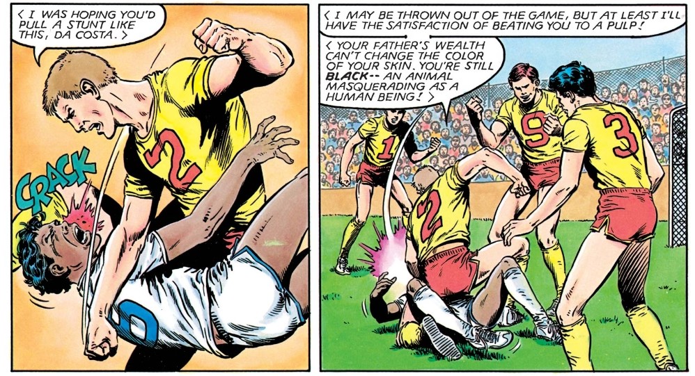 In Marvel Graphic Novel #4, “The New Mutants,” Roberto is subject to a racially-motivated assault, referred to as “half-breed” and told that his father’s wealth “can’t change the colour of your skin. You’re black – an animal masquerading as a human being!” 4/10