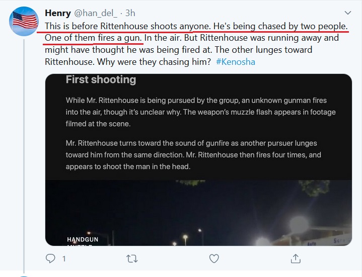 6/Continuing on with our two narratives:The political right says a man was trying to escape a dangerous situation and was chased by rioters...so he shot at them in self defense.The left says brave protestors saw a murderer on the loose with a gun and tried to stop him: