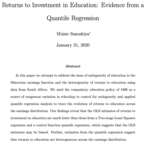 In South Africa, Samahiya uses the compulsory education policy of 1996 to identify returns and finds an increase of 12% to 16% in monthly earnings.  https://custom.cvent.com/4E741122FD8B4A1B97E483EC8BB51CC4/files/returnstohumancapitalinvestmentsv2.pdf by Samahiya 2020