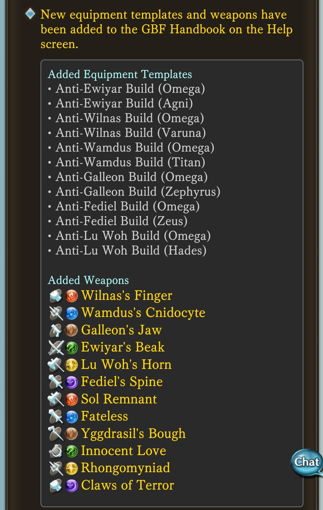 Granblue En Unofficial On Twitter Updates To The Game 1 New Weapon Grid Templates In The Handbook 2 Adjustments To Romeo 3 Uncap Materials For Certain 5 Characters Added To Treasure Shop