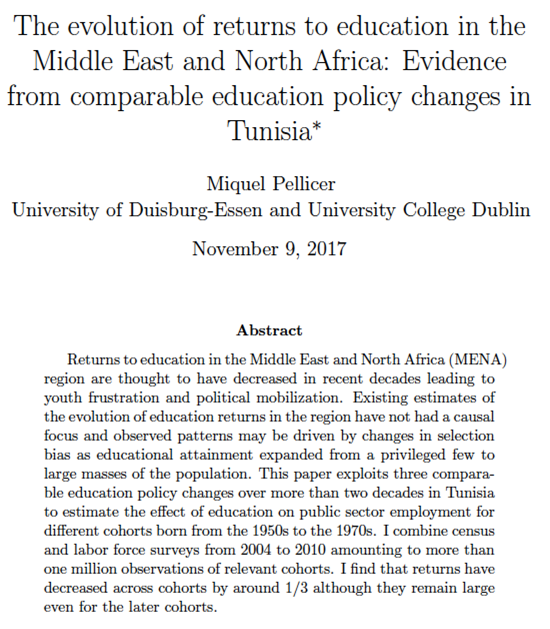 In Tunisia, “returns have decreased across cohorts by around 1/3 although they remain large even for the later cohorts… One more year of education increases the chance of public sector employment by 4 percentage points.” https://www.researchgate.net/publication/321258805_The_evolution_of_returns_to_education_in_the_Middle_East_and_North_Africa_Evidence_from_comparable_education_policy_changes_in_Tunisia/link/5a44dd7eaca272d2945c4dfd/download by  @mqpellicer 2017