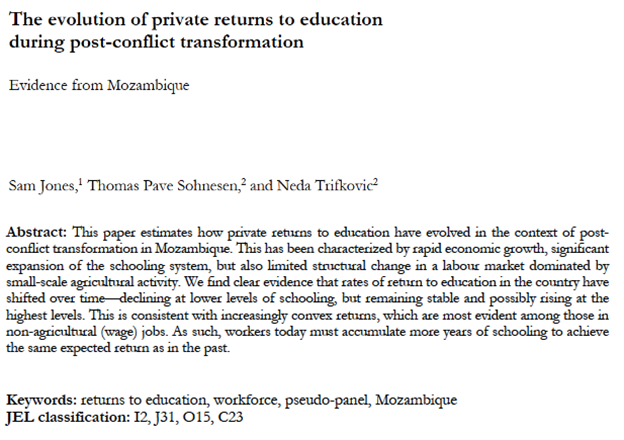 In Mozambique, Jones et al. use expenditures per contributing family member in the household rather than wages and find a return of 10.5 percent points. Returns "have been falling over time” as access to basic education improves.  https://www.wider.unu.edu/publication/evolution-private-returns-education-during-post-conflict-transformation-0 by Jones et al. 2018