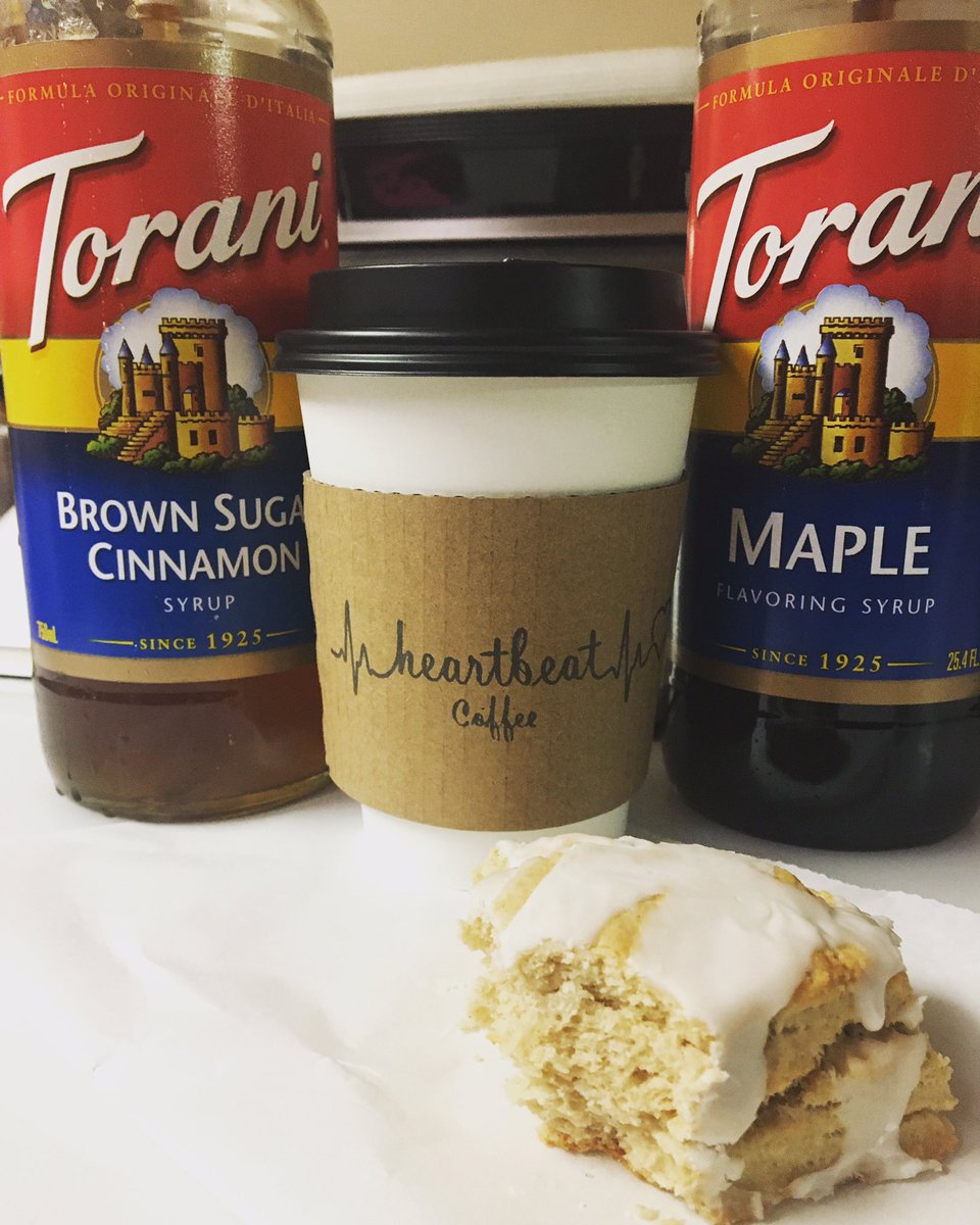 HeartbeatCoffee's tweet photo. Occasionally there is no choice but to try one of our baker’s new items for breakfast. 🤷🏼‍♀️😁 You know, “quality control”.

I paired  a new Brown Sugar Cinnamon scone with my coffee this morning. The glaze has a slight hint of maple, so put a pump of that into the coffee as well. https://t.co/WCZ6hlOx7e