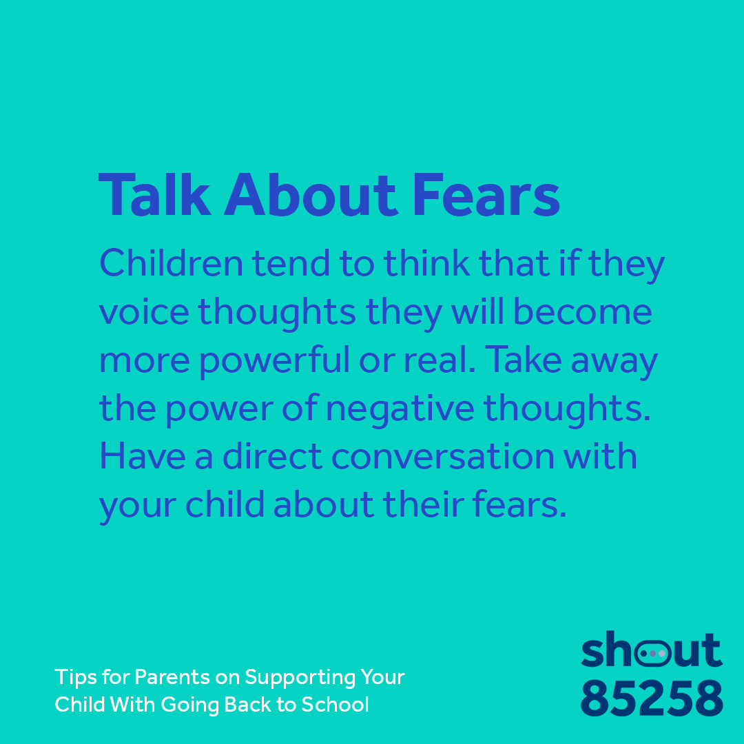 MHI_Charity's tweet photo. Feeling unsure how to support your children with going #backtoschool?

 It can be difficult to know what words will bring comfort, here are our top tips for parents to help you have those conversations.  

#Shout85258 https://t.co/5orjvO2nWV