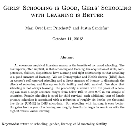 Using data from 53 countries, including many from Sub-Saharan Africa, Oye et al. find that schooling for women has positive returns on their children’s survival, but schooling together with learning yields significantly higher gains.  https://pdfs.semanticscholar.org/7563/64b832ced35cafee4850ab6b1c70293e205e.pdf by Oye et al. 2016