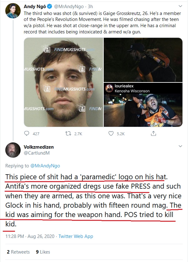 7/Continuing on: A man was shot in the arm while wearing a paramedics hat:The right says he's a fake paramedic wearing the hat as a disguise who tried to shoot Kyle (the man the right says was defending himself).The left says he's a legit paramedic until proven otherwise.
