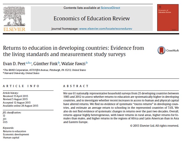 Based on multiple surveys from 25 countries, estimated return to education is 9.6% in Africa (compared to 7.6% for all regions in sample), 10.8% for urban workers in Africa, and 10.9% for female workers in Africa. https://www.academia.edu/16756670/Returns_to_education_in_developing_countries_Evidence_from_the_Living_Standards_and_Measurement_Surveys by  @evandpeet et al. 2015