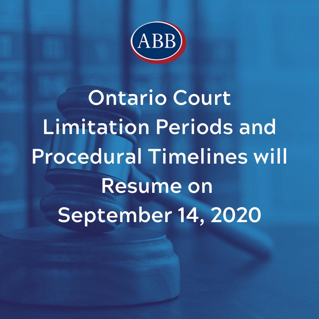 Please be advised that In Ontario, limitation and procedural periods that were suspended on March 16, 2020, due to the COVID-19 pandemic, are set to resume on Monday, September 14, 2020.